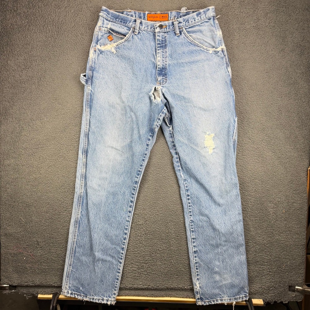 Wrangler FR Riggs Workwear Carpenter Jeans 36x36 Blue Thrashed Destroyed LARJ463